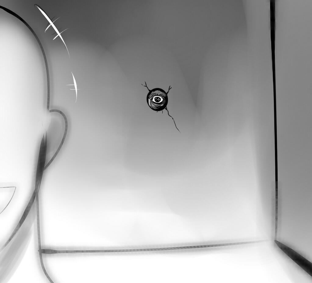 eyes, faceless, han_(jackpot), hole, hole_in_wall, monochrome, original, peeping
