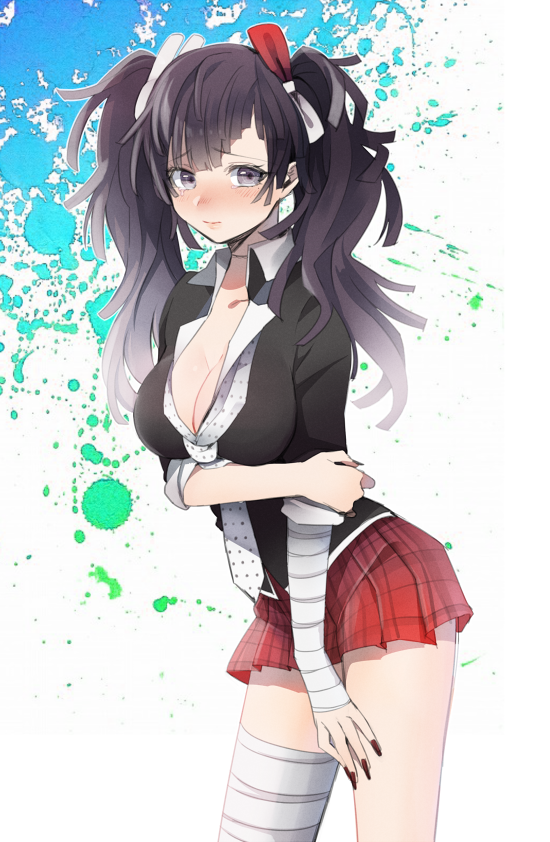 1girl, bandages, black_eyes, black_hair, breasts, cleavage, dangan_ronpa, enoshima_junko_(cosplay), fingernails, hair_ornament, necktie, plaid, plaid_skirt, ribbon, skirt, solo, super_dangan_ronpa_2, tears, tsumiki_mikan, twintails, veryberry00