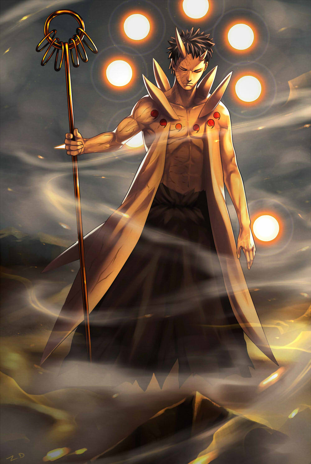 1boy, abs, black_hair, closed_eyes, energy_ball, glowing, highres, horns
