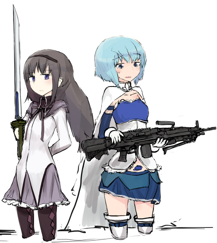 2girls, akemi_homura, argyle, argyle_legwear, assault_rifle, black_hair, blue_eyes, blue_hair, cape, gloves, gun, hairband, industry-it, long_hair, magical_girl, mahou_shoujo_madoka_magica, miki_sayaka, multiple_girls, pantyhose, rifle, short_hair, simple_background, soul_gem, thighhighs, violet_eyes, weapon, white_background, zettai_ryouiki