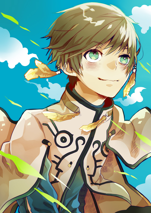 1boy, blue_background, brown_hair, capelet, clouds, earrings, feathers, green_eyes, jewelry, male, sky, slay_(tales), smile, solo, tales_of_(series), tales_of_zestiria, vasimoneta