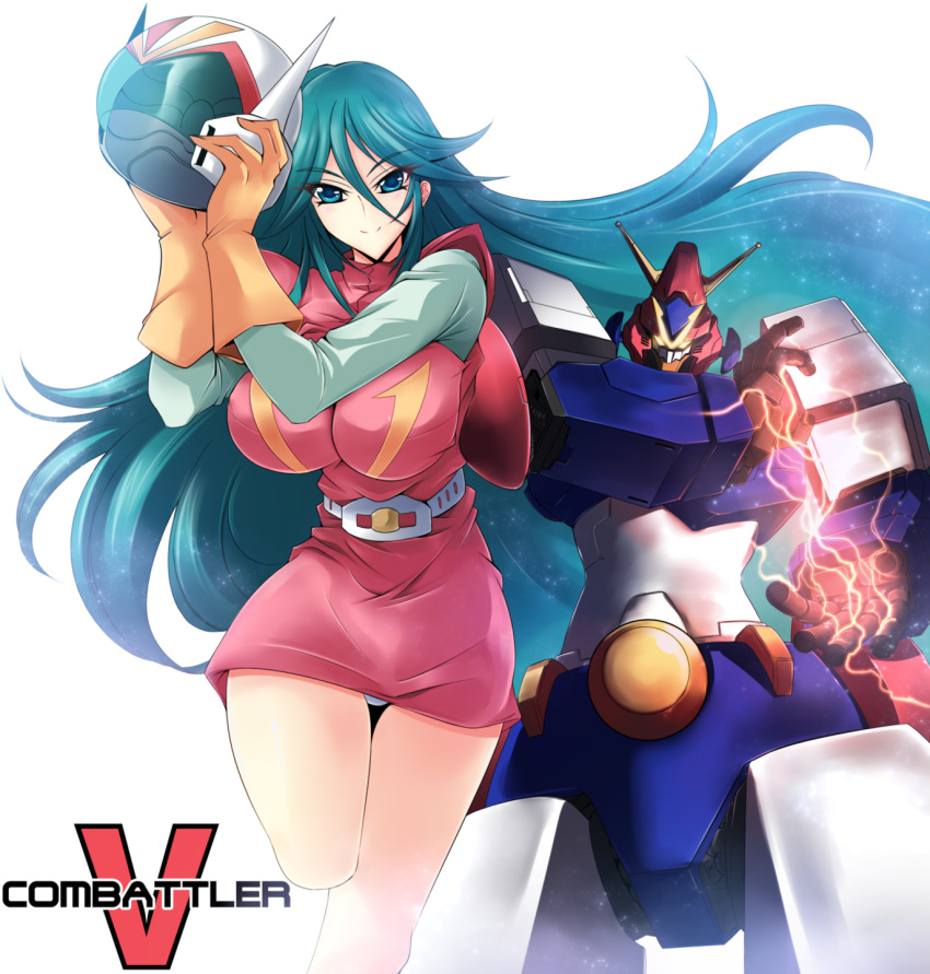 1girl, aqua_hair, belt, blue_eyes, breasts, combattler_v, combattler_v_(robot), copyright_name