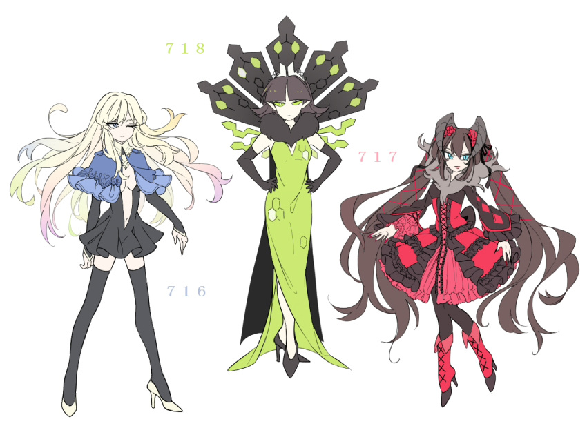 3girls, black_hair, black_legwear, blonde_hair, blue_eyes, boots, capelet, center_opening, cross-laced_footwear, crown, dress, elbow_gloves, female, frills, gloves, gradient_hair, green_eyes, hands_on_hips, high_heels, horns, long_hair, miy, multicolored_hair, multiple_girls, personification, pokemon, pokemon_(game), pokemon_xy, short_hair, thigh-highs, twintails, wink, xerneas, yveltal, zygarde, zygarde_(50)