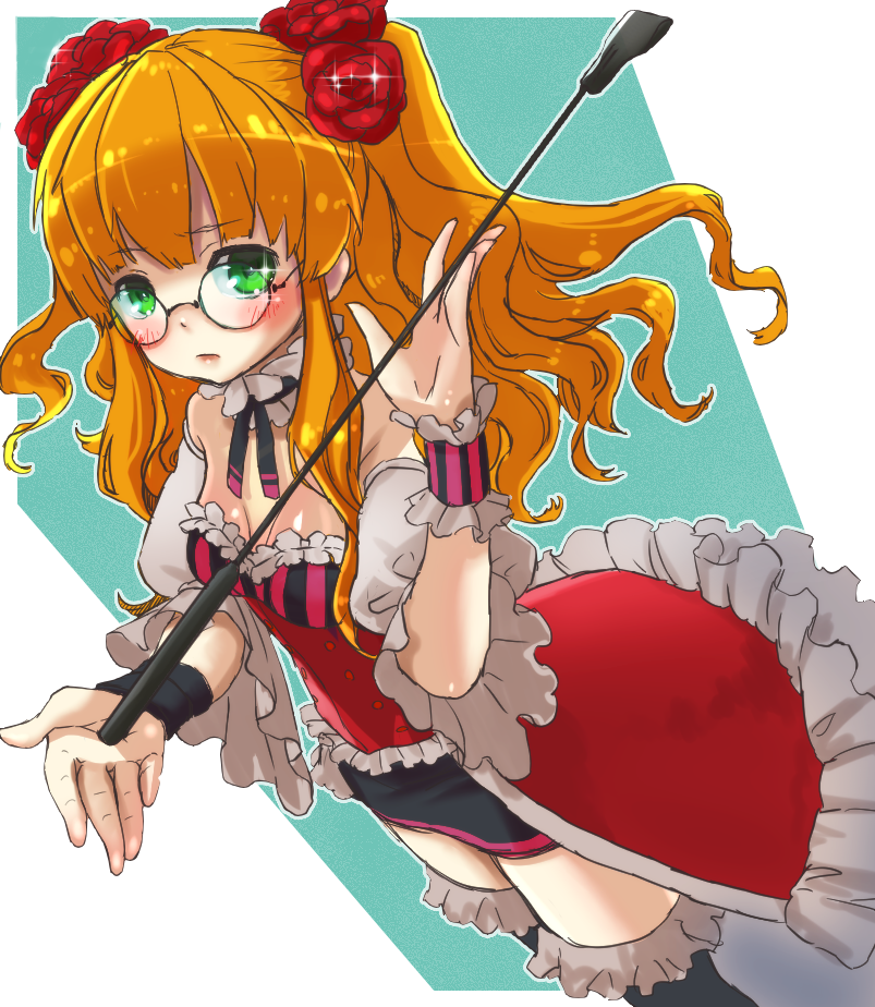 1girl, blush, choker, corset, detached_sleeves, flower, frills, glasses
