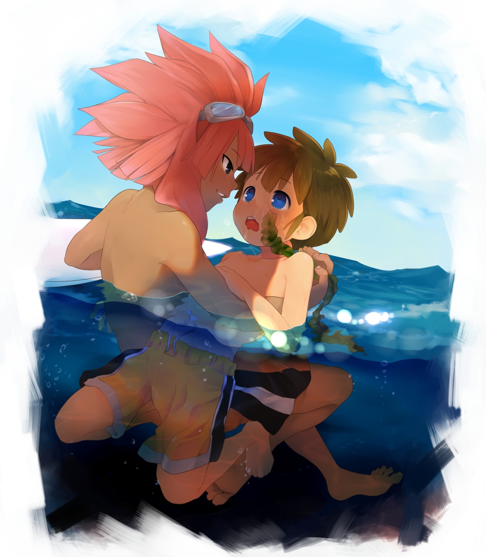 2boys, blue_eyes, blush, brown_hair, dark_skin, goggles, inazuma_eleven, inazuma_eleven_(series)