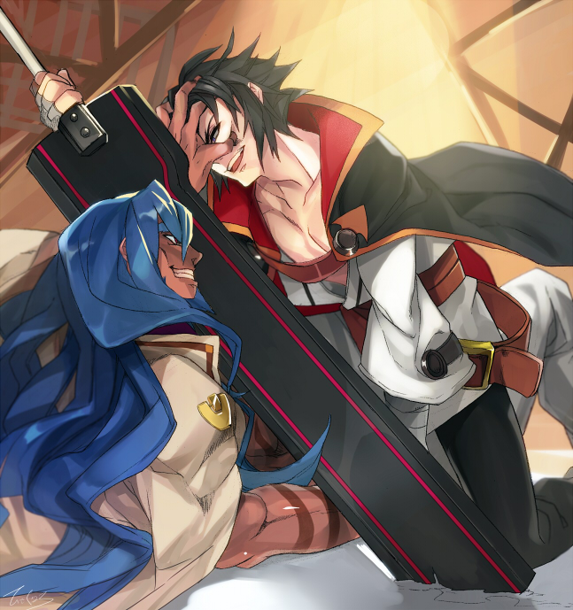 2boys, azrael_(blazblue), battle, black_hair, blazblue, blazblue:_chrono_phantasma, blue_hair, cape