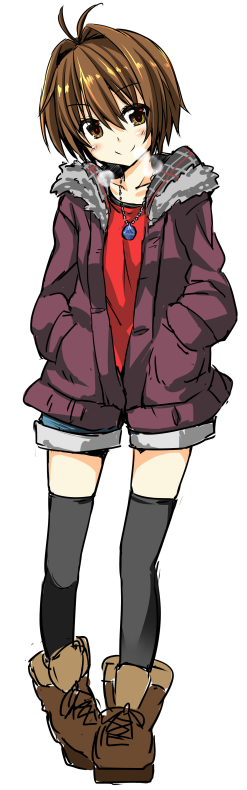 1girl, ahoge, boots, brown_eyes, brown_hair, dodome-iro_mayonnaise, jacket, original, short_hair, shorts, solo, thighhighs
