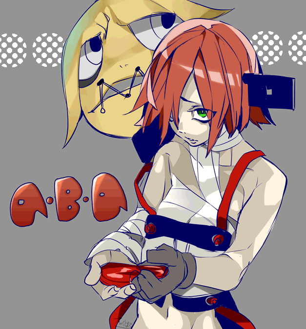 1girl, a.b.a, bandages, blood, green_eyes, guilty_gear, hair_over_one_eye, homunculus