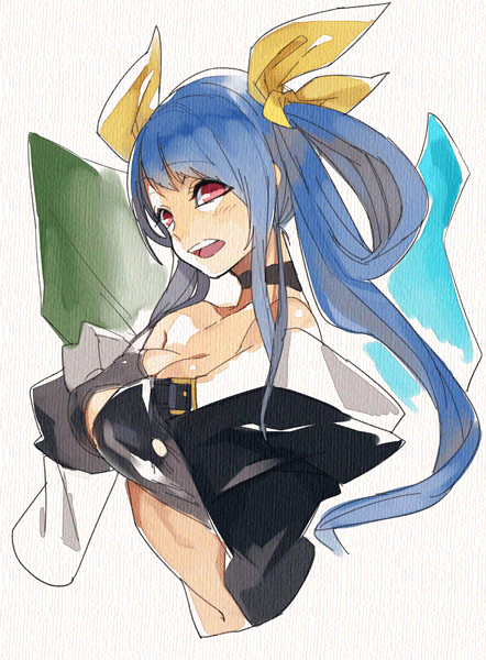 1girl, blue_hair, breasts, bust, choker, cleavage, detached_sleeves, dizzy