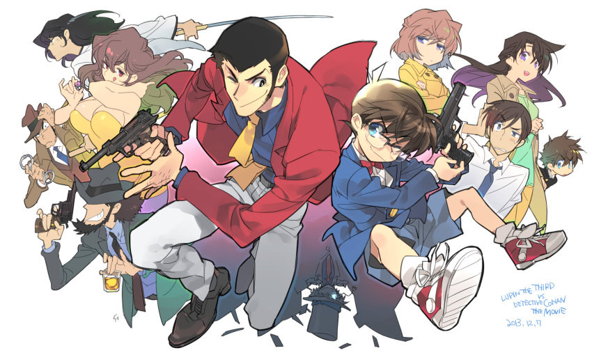 3girls, 6+boys, ankle_socks, arsene_lupin_iii, beard, black_hair, blazer, blue_eyes