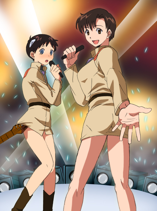 bare_legs, brown_hair, crossdressing, crossdressinging, electric_guitar, foreshortening, guitar, hands, ibuki_maya, ikari_shinji, instrument, kanimayo, kneepits, microphone, neon_genesis_evangelion, no_legwear, short_hair, skirt, skirt_lift, stage, thighs, trap, uniform