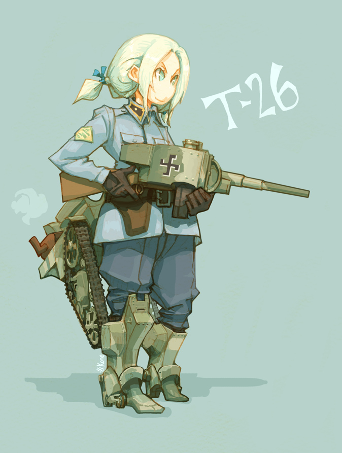 blue_eyes, boots, finnish, gun, holster, kome, mecha_musume, military