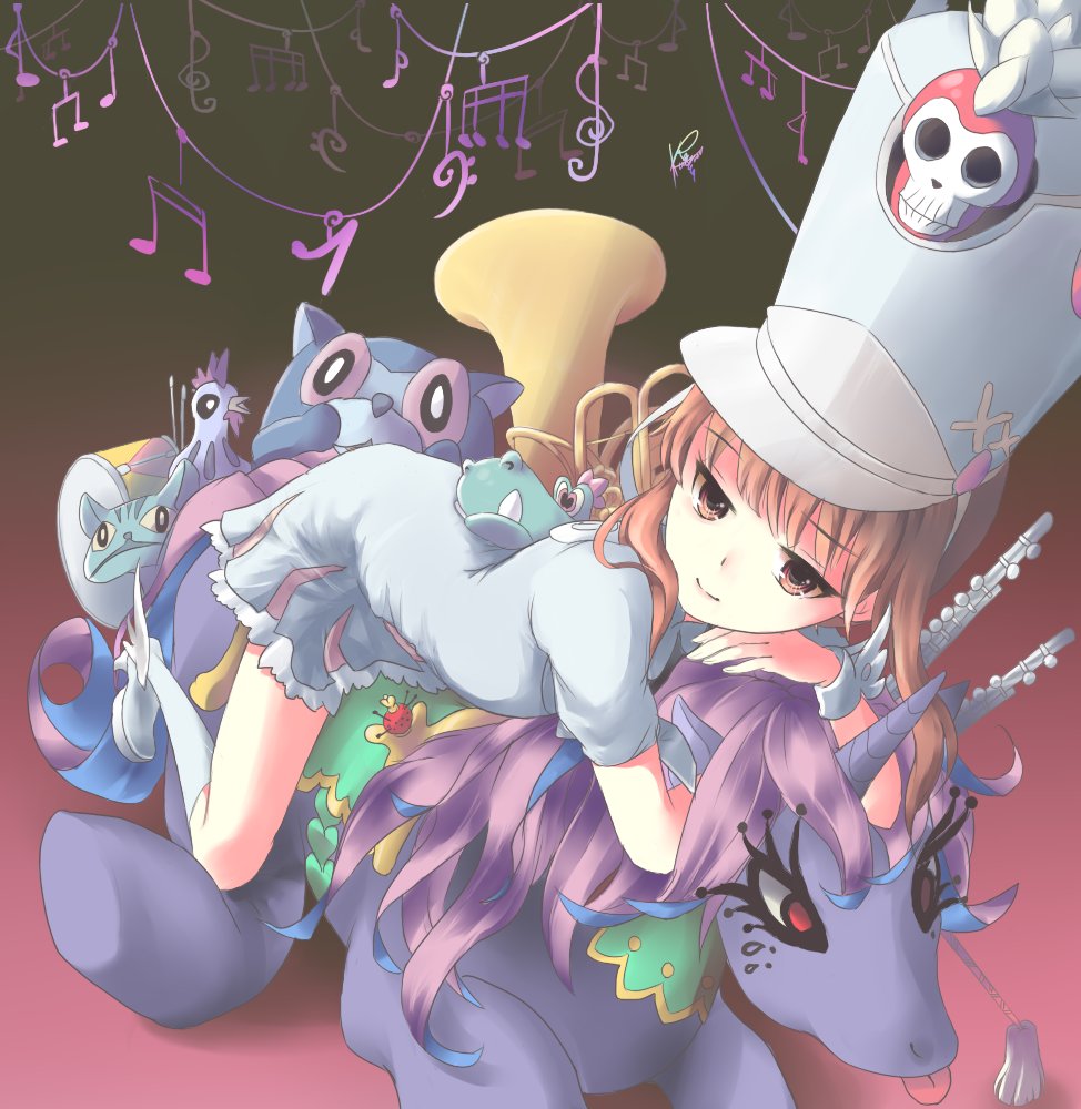 1girl, boots, dress, drum, flute, hat, instrument, jakuzure_nonon