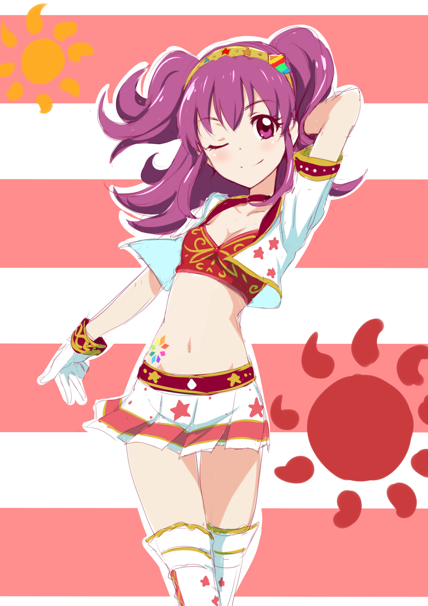 1girl, aikatsu!, arm_behind_head, blush, clearite, highres, long_hair, looking_at_viewer