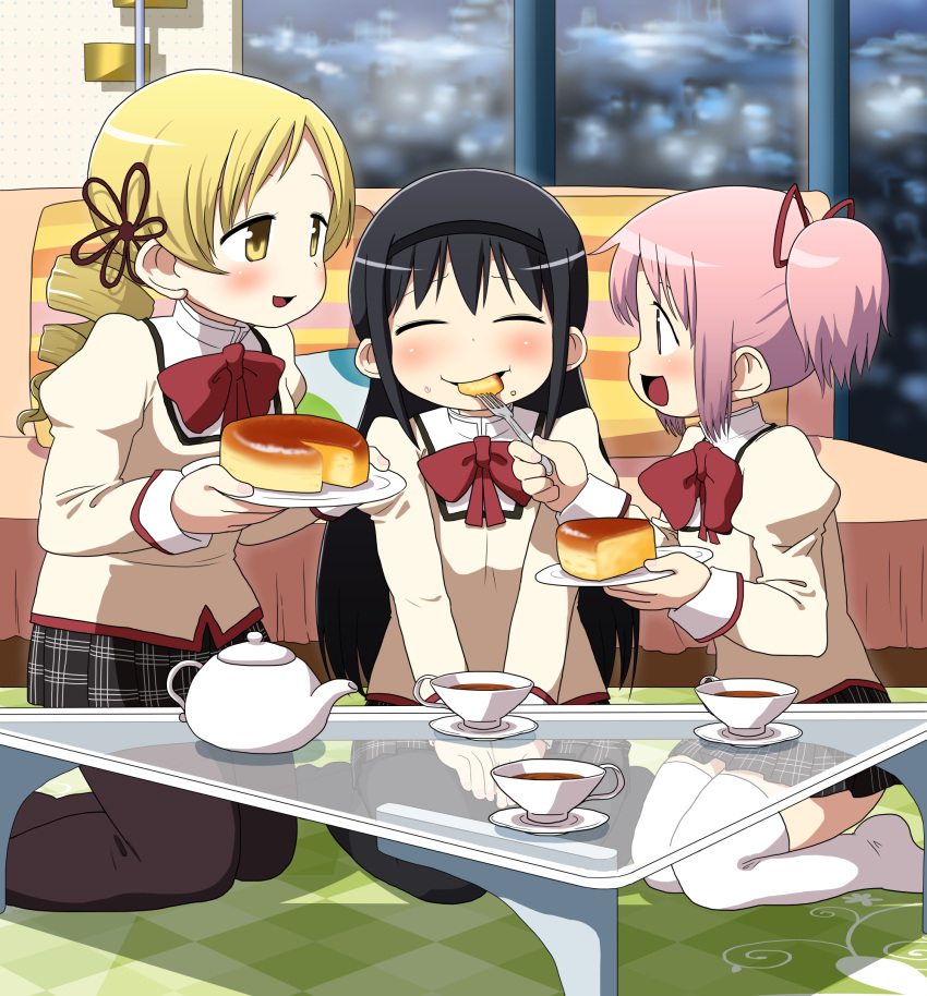 3girls, :d, akemi_homura, black_hair, black_legwear, blonde_hair, blush, bow