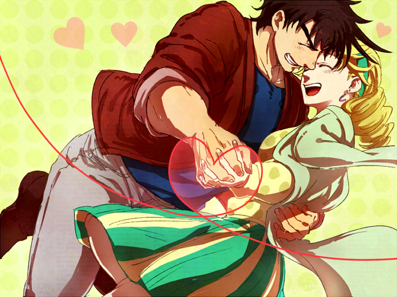 1boy, 1girl, black_hair, blonde_hair, couple, dancing, hetero, husband_and_wife, jojo_no_kimyou_na_bouken, joseph_joestar_(young), smskt_25, suzi_quatro