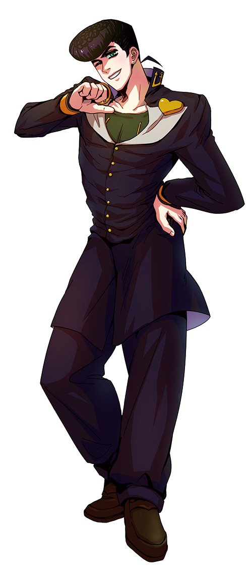 1boy, gakuran, green_eyes, higashikata_jousuke, jojo_no_kimyou_na_bouken, pointing, pointing_at_self, pompadour