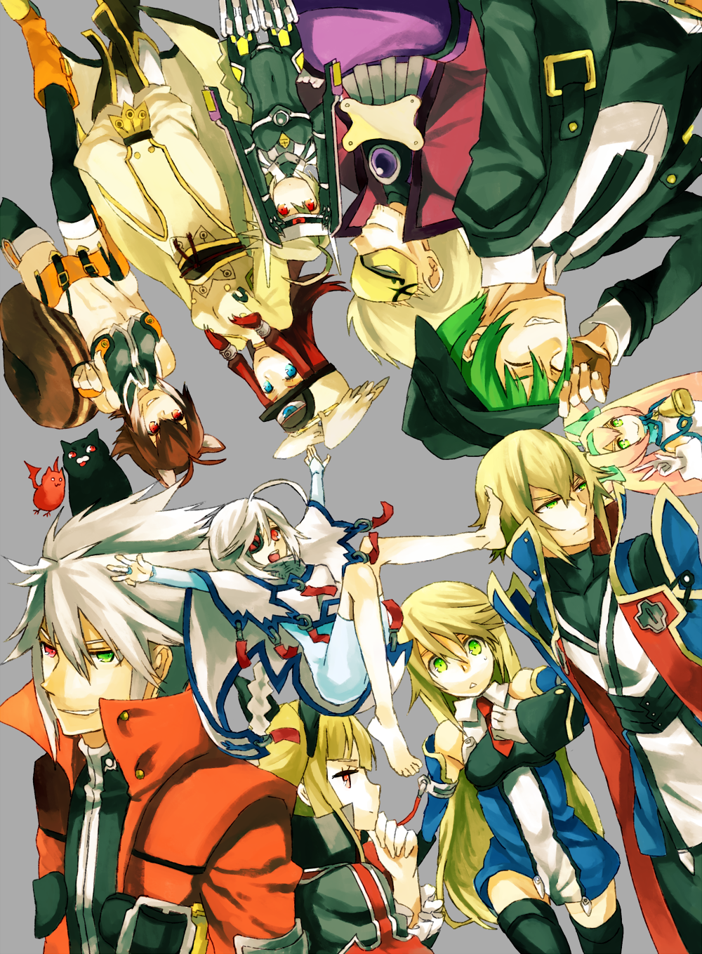 4boys, ahoge, animal_ears, blazblue, blonde_hair, bodysuit, cape, eyepatch