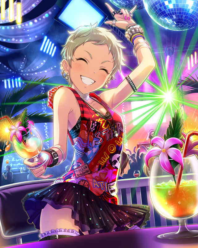 1girl, ^_^, artist_request, blonde_hair, bracelet, closed_eyes, disco_ball, drink