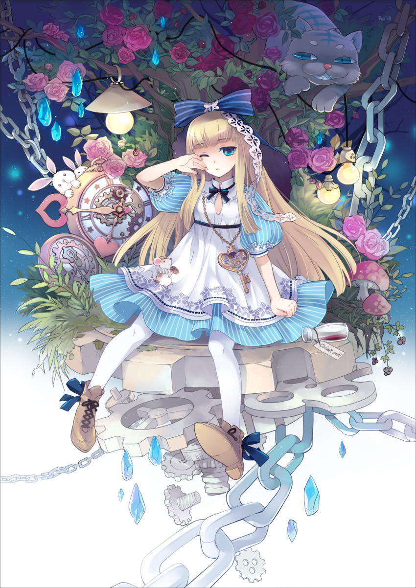 1girl, alice_(wonderland), alice_in_wonderland, blonde_hair, blue_eyes, cat, chain, cheshire_cat, clock, cookie, dress, feiwing, flower, food, gears, highres, key, long_hair, mouse, mushroom, pantyhose, potion, rose, sitting, wink