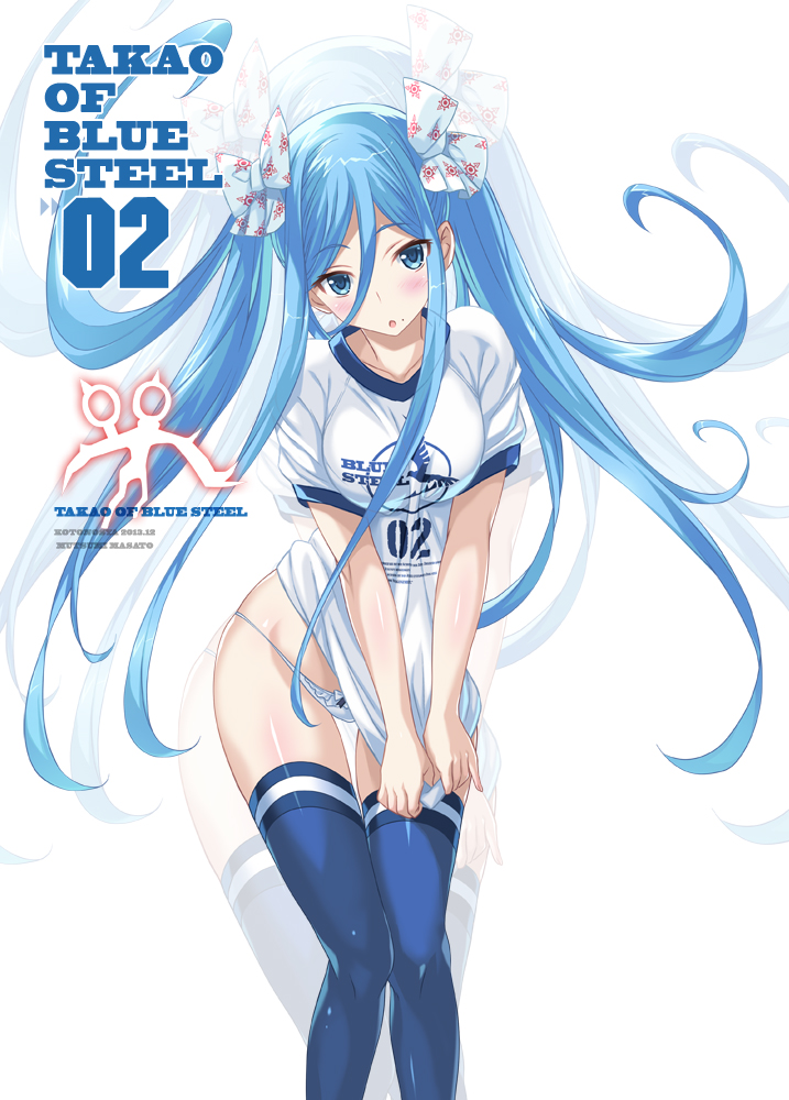 1girl, aoki_hagane_no_arpeggio, blue_eyes, blue_hair, blue_legwear, blush, bow, bow_panties