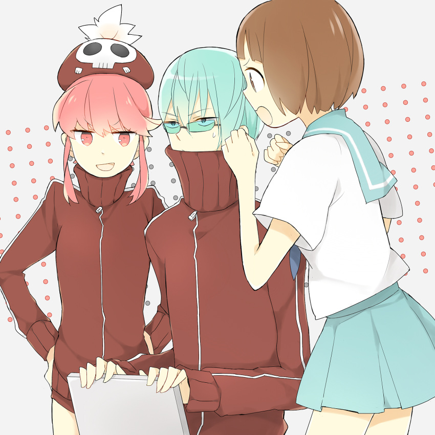 blue_eyes, blue_hair, brown_eyes, brown_hair, computer, glasses, hat, highres