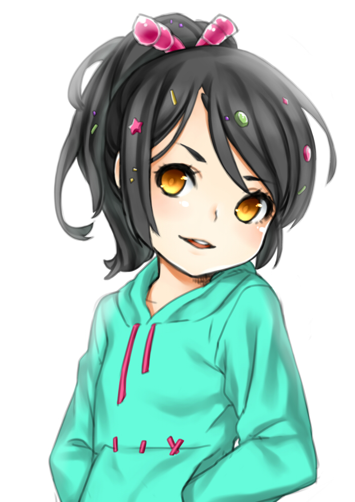 1girl, black_hair, brown_eyes, bust, candy, child, hands_in_pockets, hoodie