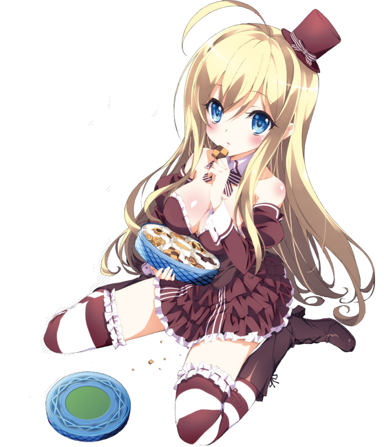 1girl, ahoge, blonde_hair, blue_eyes, chocolat_(noucome), cookie, food, frilled_skirt