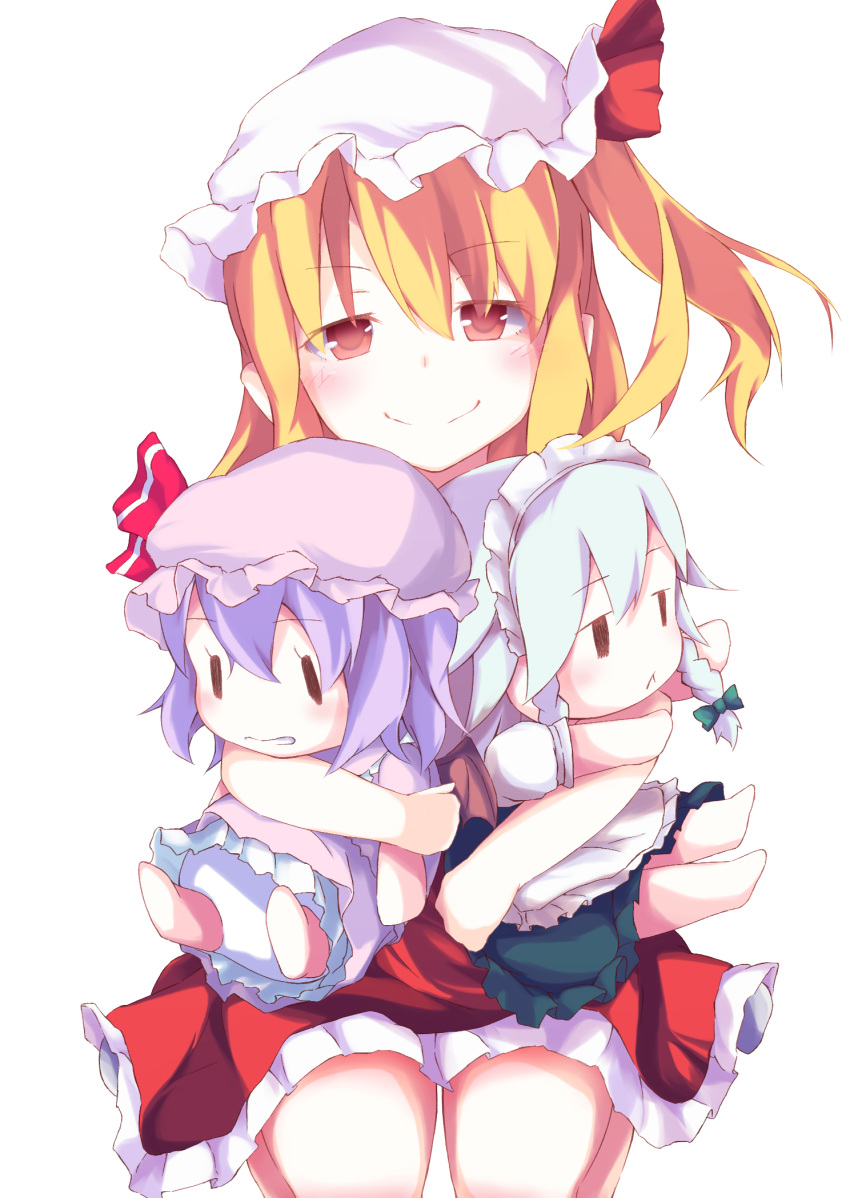 1girl, :<, apron, blonde_hair, bow, braid, character_doll, doll_hug, flandre_scarlet, hair_bow, hat, hat_ribbon, head_tilt, highres, izayoi_sakuya, koshinaka-zz, lavender_hair, looking_at_viewer, maid_headdress, mob_cap, red_eyes, remilia_scarlet, ribbon, seiza, short_hair, side_ponytail, simple_background, sitting, skirt, smile, solo, touhou, twin_braids, waist_apron, white_background, |_|