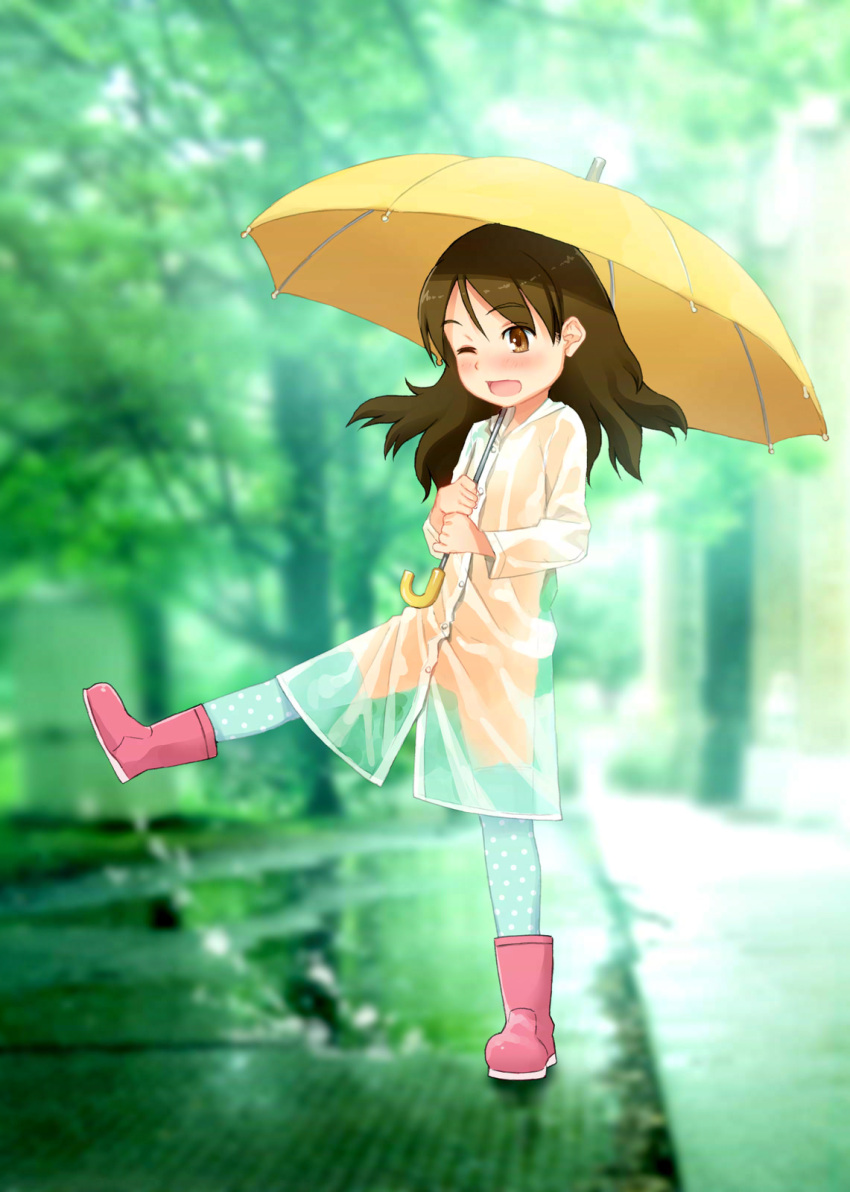1girl, ;d, blurry, blush, boots, brown_eyes, brown_hair, depth_of_field