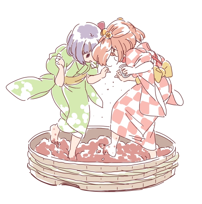 2girls, barrel, bell, brown_hair, flower, food, fruit, grape_stomping, grapes, hair_bell, hair_flower, hair_ornament, hieda_no_akyuu, japanese_clothes, kimono, long_sleeves, mitsumoto_jouji, motoori_kosuzu, multiple_girls, obi, purple_hair, sash, simple_background, stomping, touhou, twintails, white_background, wide_sleeves