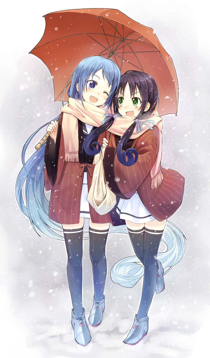 2girls, black_hair, black_legwear, blue_eyes, blue_hair, blush, coat, green_eyes