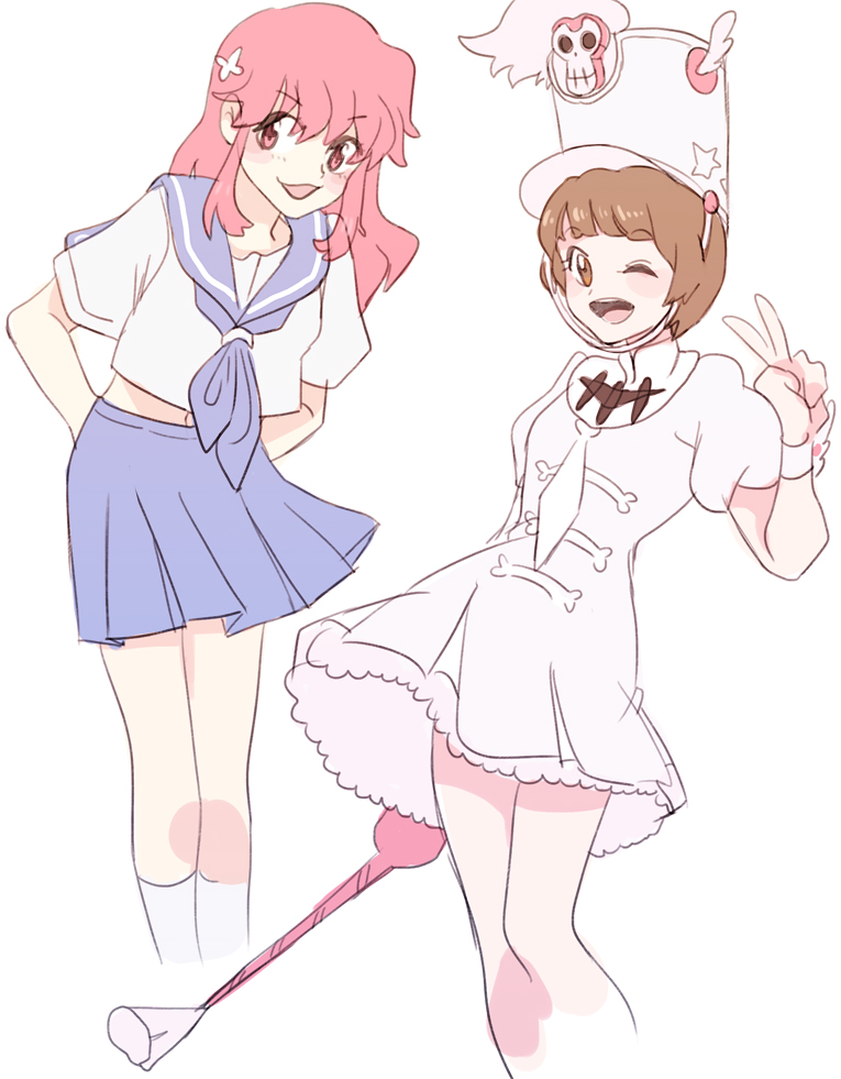 2girls, baton, brown_eyes, brown_hair, cosplay, costume_switch, dress, hair_down