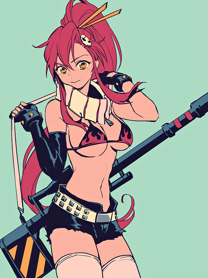 1girl, anti-materiel_rifle, belt, bikini_top, breasts, fingerless_gloves, gloves, gun, hair_ornament, long_hair, navel, ponytail, redhead, rifle, scarf, short_shorts, shorts, sniper_rifle, solo, sue910, tengen_toppa_gurren_lagann, thighhighs, underboob, weapon, yellow_eyes, yoko_littner
