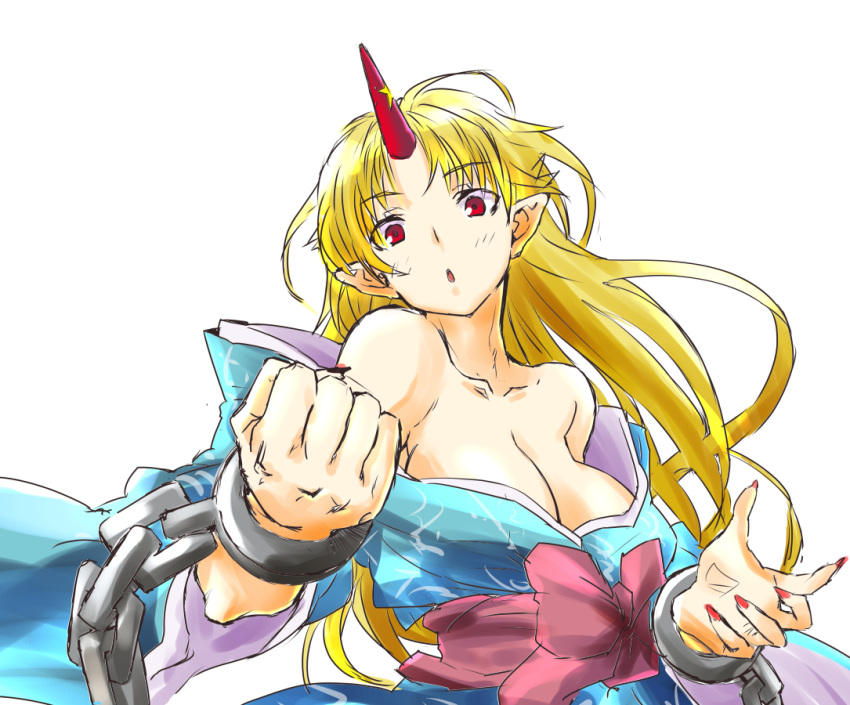 1girl, :o, bare_shoulders, blonde_hair, breasts, cl_(h-sys.), cleavage, clenched_hand