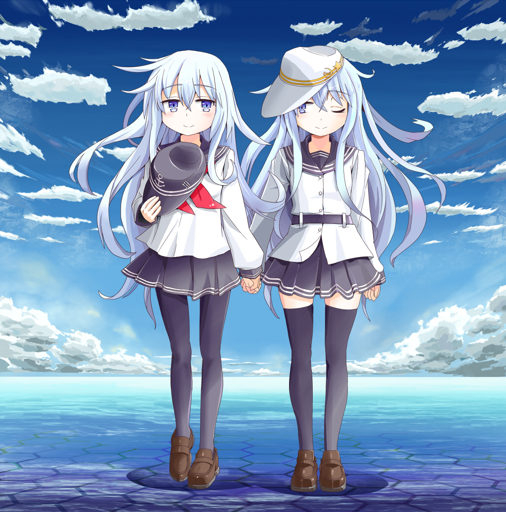 2girls, black_legwear, blue_eyes, blush, dual_persona, hammer_and_sickle, hat, hibiki_(kantai_collection), holding_hands, ikusotsu, kantai_collection, long_hair, multiple_girls, pantyhose, personification, pleated_skirt, school_uniform, serafuku, shoes, silver_hair, skirt, smile, star, thighhighs, verniy_(kantai_collection), zettai_ryouiki