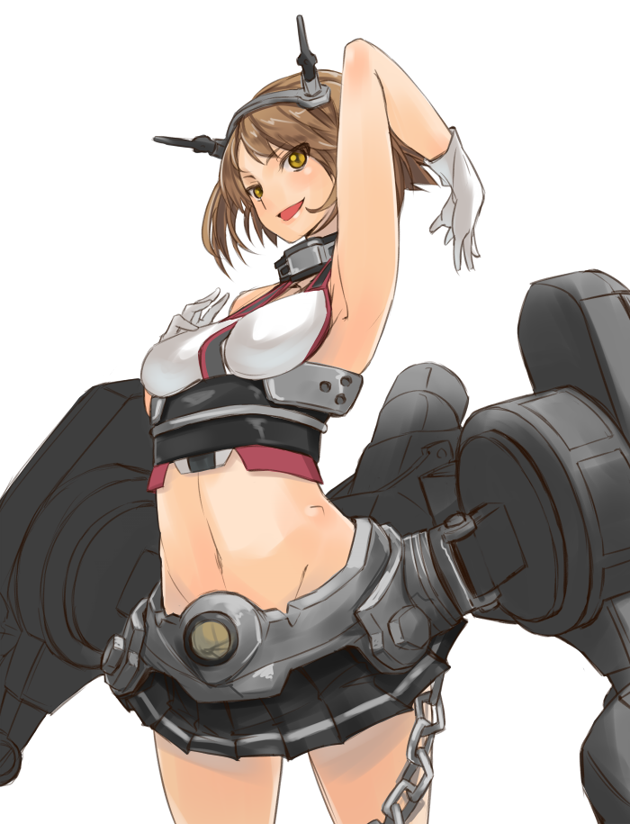 1girl, arm_up, bare_shoulders, blush, breasts, brown_eyes, brown_hair, chain