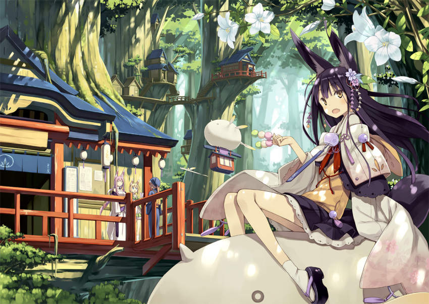 4girls, animal_ears, black_hair, blonde_hair, blue_eyes, braid, closed_eyes, dango