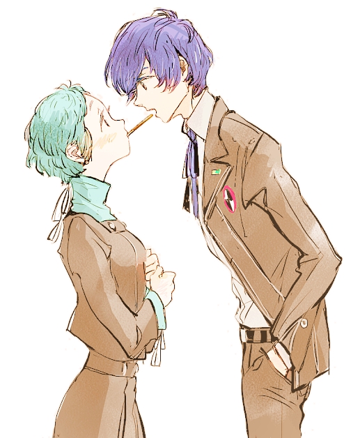 aqua_hair, arisato_minato, blue_hair, hands_in_pockets, height_difference, persona, persona_3, pocky, pocky_kiss, school_uniform, shared_food, sutei_(giru), yamagishi_fuuka, yuuki_makoto