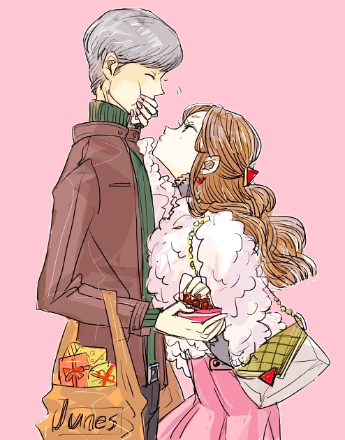 bag, brown_hair, casual, couple, ebihara_ai, grey_hair, hand_on_another's_face, long_hair
