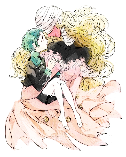 2girls, aqua_hair, bandages, blonde_hair, dress, long_hair, lucia_(megami_tensei), multiple_girls, pantyhose, persona, persona_3, school_uniform, short_hair, sutei_(giru), yamagishi_fuuka