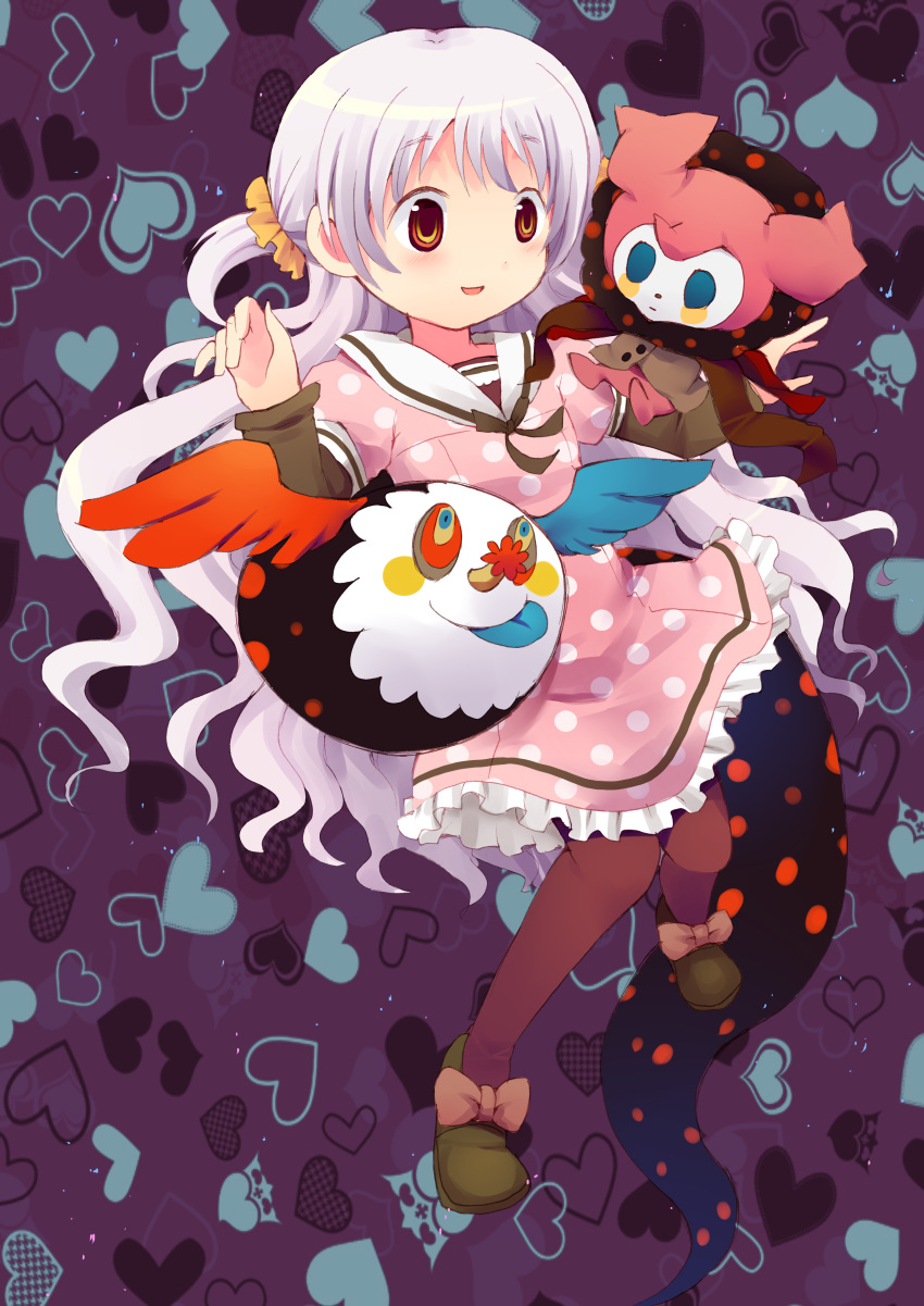 1girl, absurdres, charlotte_(madoka_magica), dress, highres, hoge8328, long_hair, mahou_shoujo_madoka_magica, mahou_shoujo_madoka_magica_movie, momoe_nagisa, polka_dot, polka_dot_dress, solo, white_hair, yellow_eyes