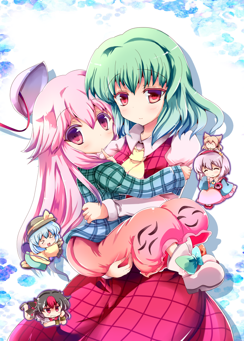 >_<, 6+girls, ankle_boots, aqua_hair, ascot, blouse, boots, bracelet