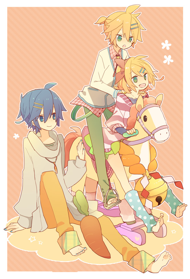 1girl, 2boys, aqua_eyes, artist_request, barefoot, blonde_hair, blue_eyes, blue_hair