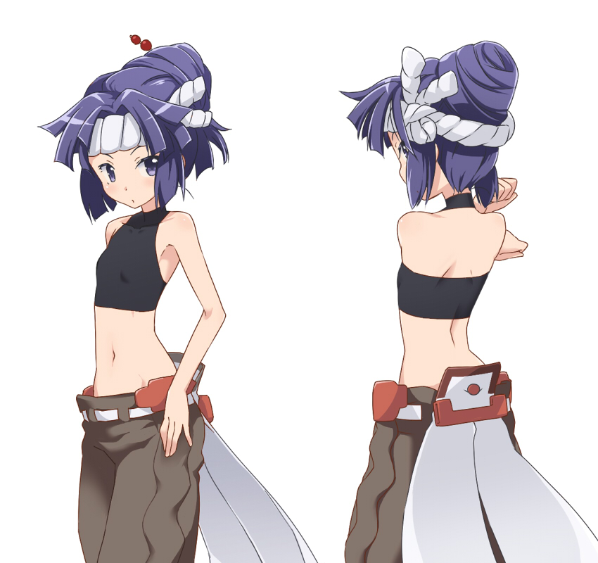1girl, akatsuki_(log_horizon), alternate_hairstyle, armpits, dual_persona, flat_chest, kanami_yuu, log_horizon, long_hair, looking_at_viewer, midriff, mound_of_venus, navel, ponytail, purple_hair, sleeveless, sleeveless_turtleneck, small_breasts, solo, turtleneck, violet_eyes