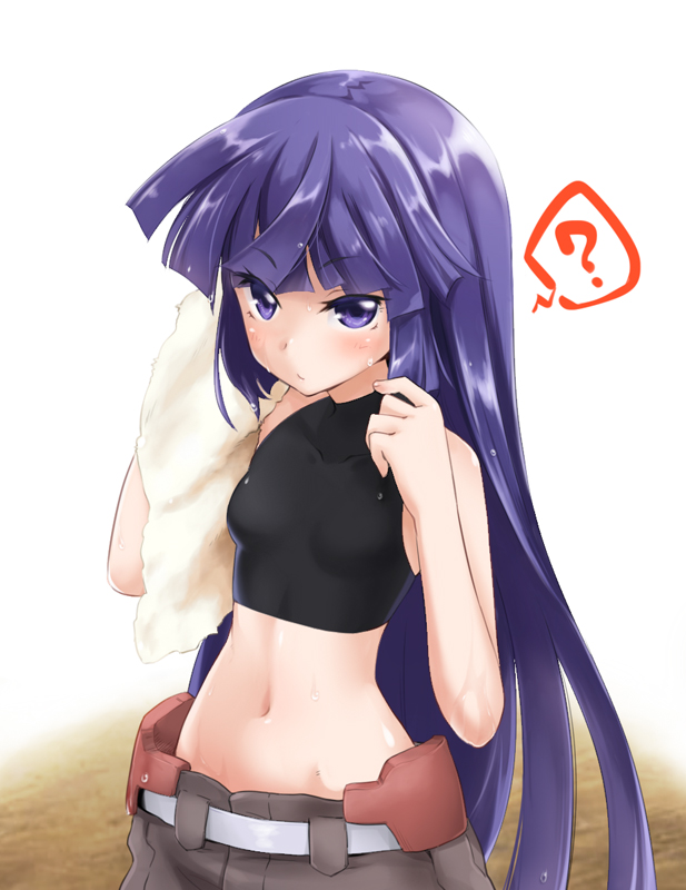 1girl, ?, akatsuki_(log_horizon), armpits, flat_chest, kanami_yuu, log_horizon, long_hair, looking_at_viewer, midriff, mound_of_venus, navel, ponytail, purple_hair, sleeveless, sleeveless_turtleneck, small_breasts, solo, sweat, towel, turtleneck, violet_eyes