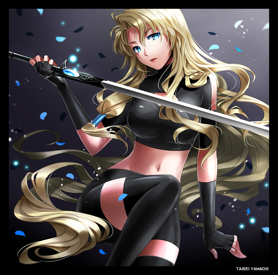 1girl, artist_name, bike_shorts, blonde_hair, blue_eyes, breasts, crop_top, densetsu_no_yuusha_no_densetsu