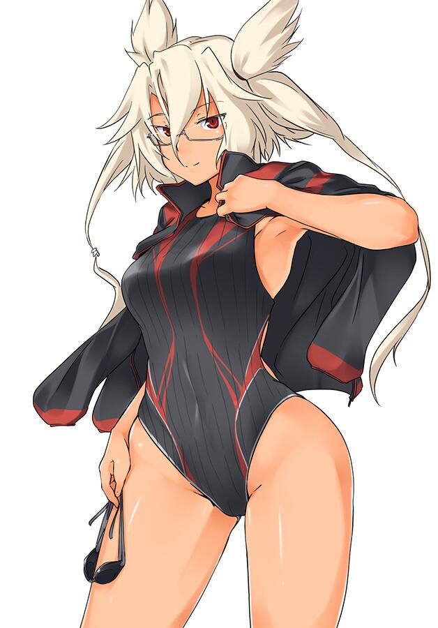 1girl, blonde_hair, blush, breasts, competition_swimsuit, dark_skin, glasses, goggles, kantai_collection, kuronyan, long_hair, looking_at_viewer, musashi_(kantai_collection), one-piece_swimsuit, personification, red_eyes, shiny, shiny_skin, short_twintails, solo, swimsuit, twintails