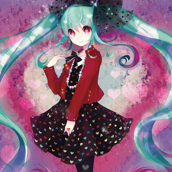 1girl, aqua_hair, hatsune_miku, long_hair, red_eyes, skirt, smile, solo, tomoya_(artist), twintails, very_long_hair, vocaloid