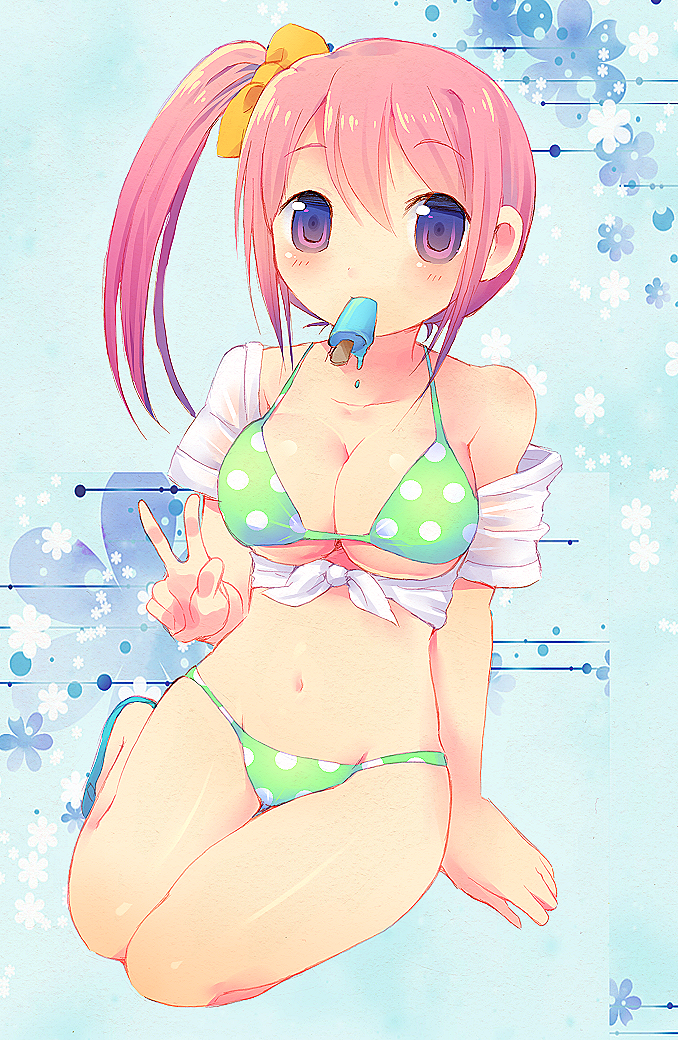 1girl, bikini, hoge8328, mouth_hold, original, pink_hair, popsicle, side_ponytail